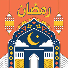 Fototapeta premium Ramadan elements including mosque arch, mosque minarets, crescent moon, Islamic geometric pattern, Arabic calligraphy, clouds, stars, and decorative icon