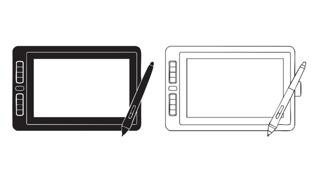 drawing tablet and stylus black vector silhouette with line art pair icon