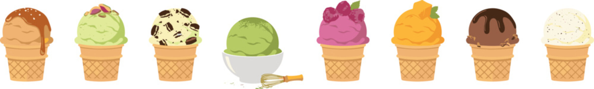 Set of various ice cream scoops in waffle cones and bowl