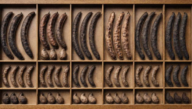 Rows of dark brown dried carob pods arranged neatly in a wooden sorting tray with multiple compartments for organized storage and display