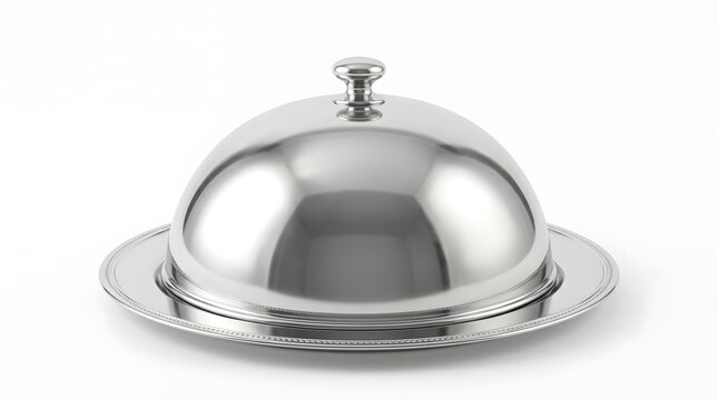 Shiny silver food cloche with a metal serving tray for fine dining presentation of gourmet meals in a professional kitchen or restaurant setting