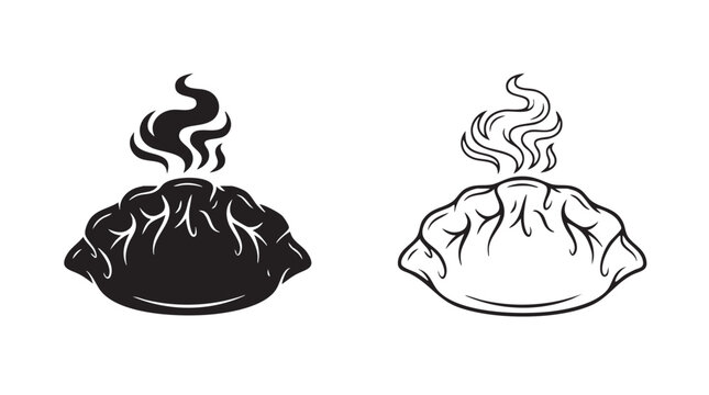 dumpling silhouette with line art pair icon in black vector black vector silhouette black vector silhouette with line art pair icon