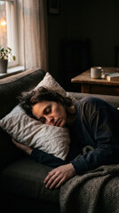 Fototapeta premium Woman Sleeping Peacefully On Cozy Couch In Natural Light And Warm Ambiance