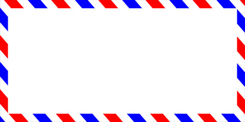 Obraz premium Air mail letter. Post stamp. Airmail frame postcard. Blue red stripes pattern. Mockup template envelope. Vector illustration