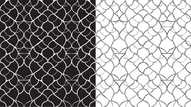 fish scale pattern black vector silhouette with line art pair icon