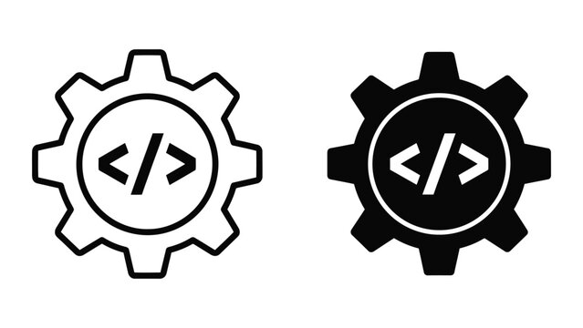 Coding Gear Icon Set Featuring Programming Symbols Inside Mechanical Cogwheels in Minimalist Style