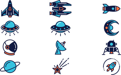 Space and Astronomy Icons Set with Rocket UFO Astronaut Helmet Satellite Dish Lunar Lander and Planet Vector Illustration Bundle for Galaxy Concepts © MdMoymul