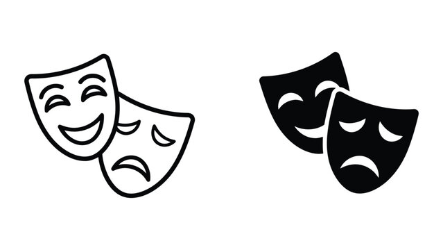 Theater masks icon set showing comedy and tragedy expressions in minimalist vector line art style