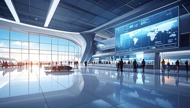 Modern airport terminal interior with travelers.