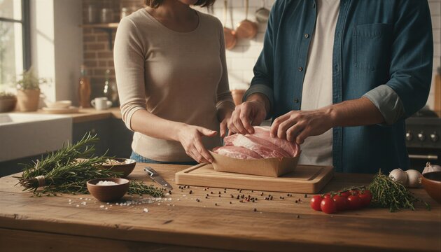 Couple preparing packaged pork chops at home
