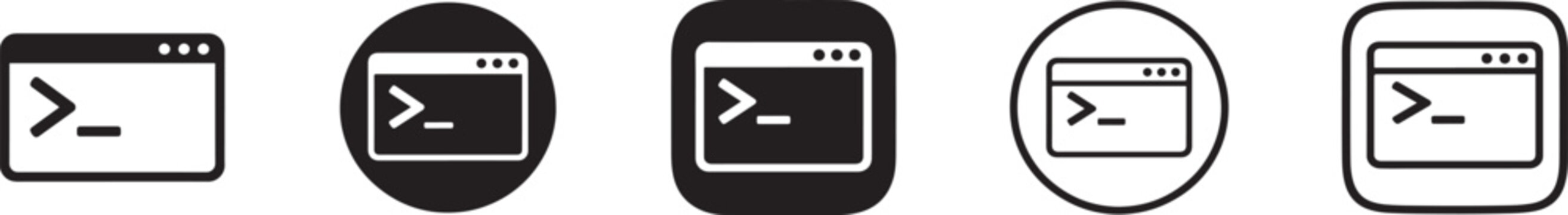 Command prompt button icon set with CLI, console and shell symbols for coding, apps and web interfaces.