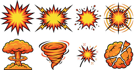 Cartoon Explosion Icons Set with Burst Star Mushroom Cloud Tornado and Comic Blast Vector Illustration Bundle for Action Effect Concepts © MdMoymul