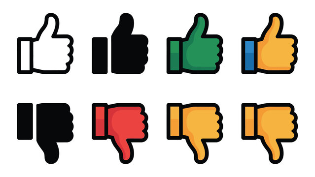 Collection of colorful thumbs up and down hand icons for social media with representing approval disapproval