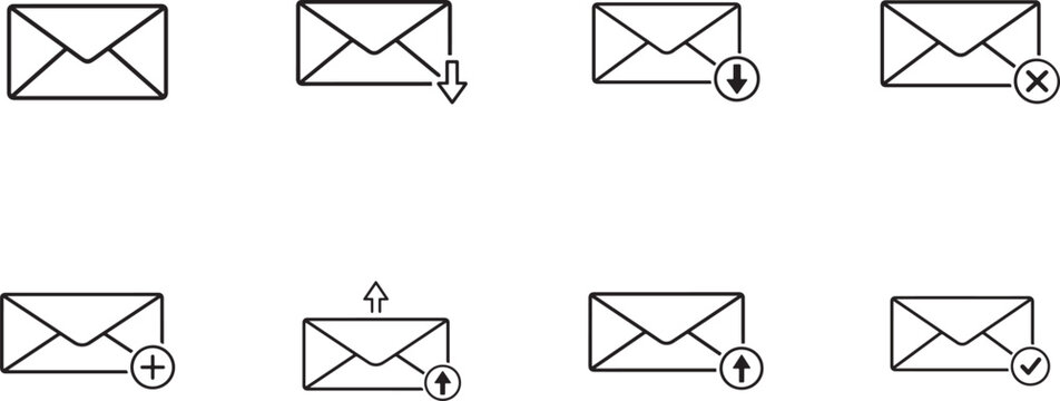 Mail envelope action icon set with send, receive, delete and check symbols for email communication UI.