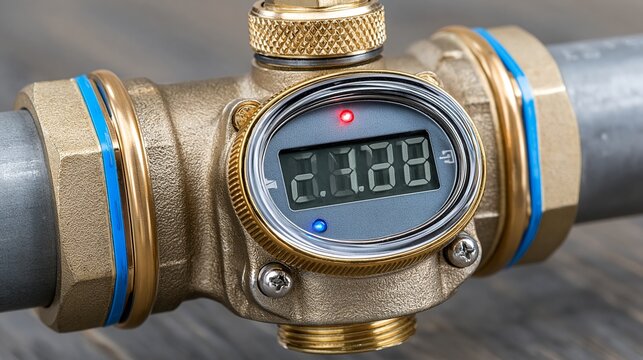 Close-up of a brass flow meter with digital display showing 2.3188, representing water pressure and industrial plumbing systems