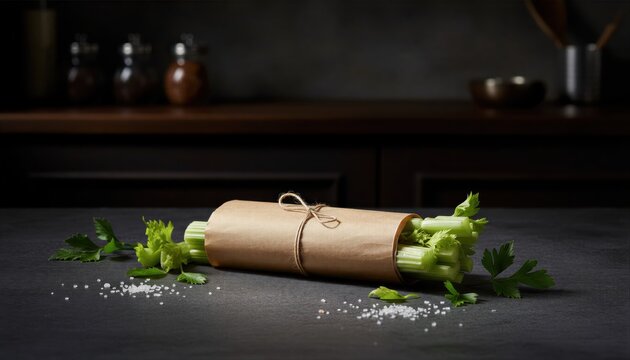 Crisp celery sticks on dark slate background