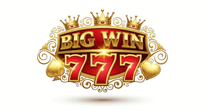 Luxury golden jackpot sign with triple seven numbers and royal crowns on white