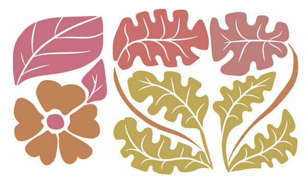 Abstract art featuring flowers and leaves in shades of pink, orange, and yellow, with a masculine feel. Transparent background.