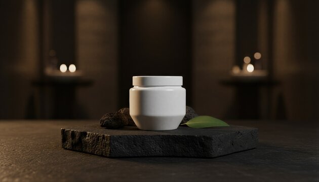 Elegant white facial cream jar on dark basalt stone with charcoal and eucalyptus