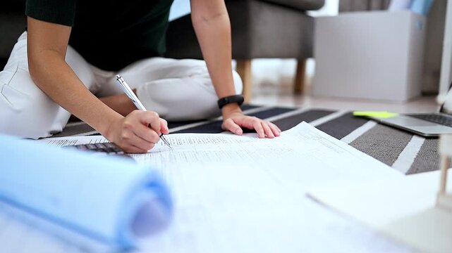 Architect hand writing measurements on a construction plan