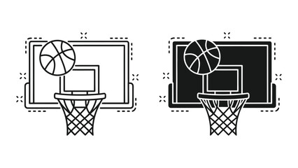 Basketball Hoop and Ball Vector Icon Set Featuring Minimalist Outline and Solid Graphic Styles © pixel