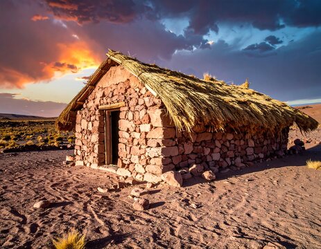 Ancient stone hut in twilight landscape with ruins.