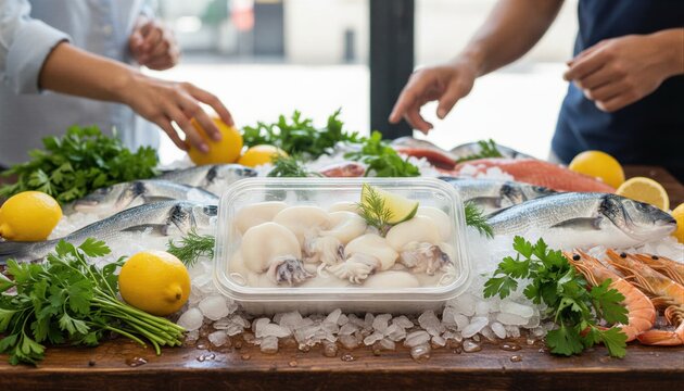 Fresh baby cuttlefish in retail packaging on market ice display