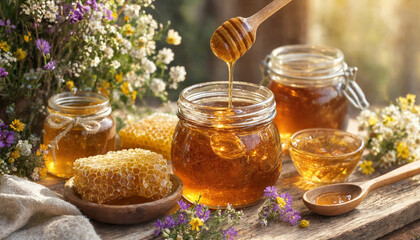 Glass jars filled with golden honey and honeycomb pieces with a wooden dipper and wildflowers on a rustic wooden table in soft sunlight © Oaosjs