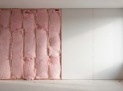 A partially insulated wall with pink fiberglass insulation visible on the left side and drywall installed on the right side in a construction or renovation setting.