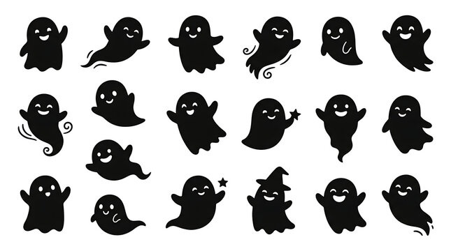 Collection of various cute ghost icons and spooky silhouettes with silhouette