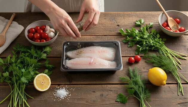 Fresh haddock loins with garden herbs and organic ingredients