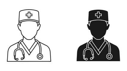 Fototapeta premium Doctor Icon Set Featuring Medical Professional with Stethoscope in Outline and Solid Vector Style