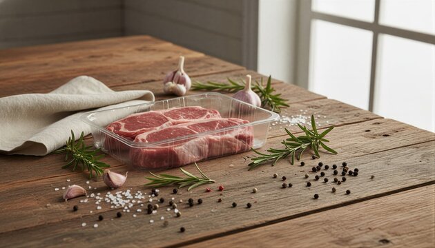 Fresh lamb rump steaks with rosemary and garlic on rustic wood