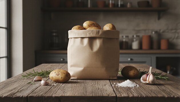 Fresh potatoes in paper bag on rustic table with herbs