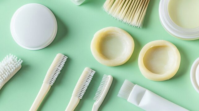 Professional Oral Hygiene Kit Featuring Orthodontic Wax and Interdental Brushes on Mint Green Background in Flat Lay View
