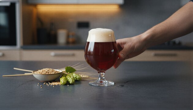 Fresh red ale on a modern slate counter with a touch of human interaction