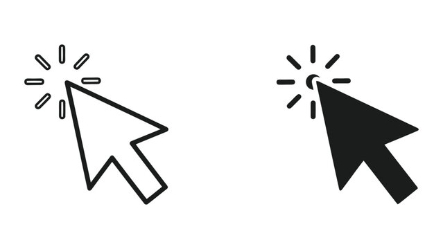 Clicking computer mouse cursor icons set with outline and solid black arrow pointer designs