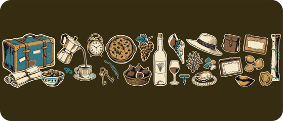 Collection of hand-drawn travel and lifestyle icons featuring suitcases wine hats food items in a vintage sketch style lifestyle vacation suitcase exploration illustration collection © Kanon Islam