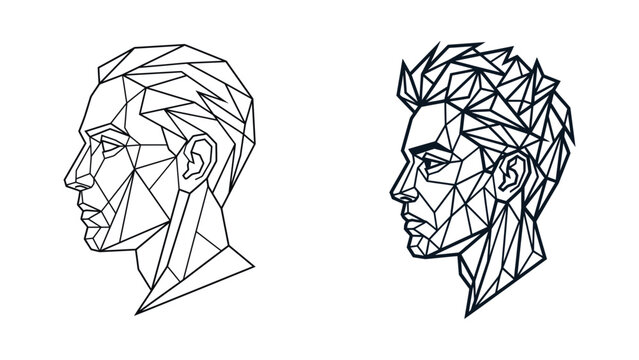 Minimalist geometric line art portraits of two male profiles in a modern vector illustration