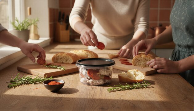Friends arranging Spanish tapas on a wooden board at home