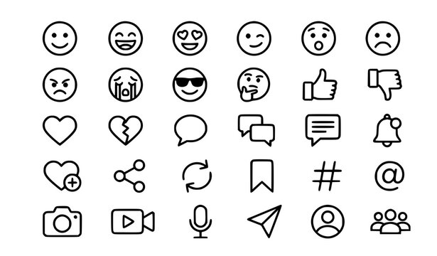 Black thin line social media symbols and emoji icon set with communication reaction and community outline icons on white background
