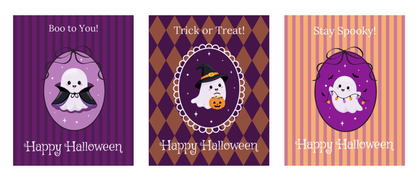 Cute postcard collection for Halloween with ghost and text in flat style. Adorable vector poster set with ghost  in violet and orange colours. Rhombus and stripped wallpapers and retro frames.Vintage.