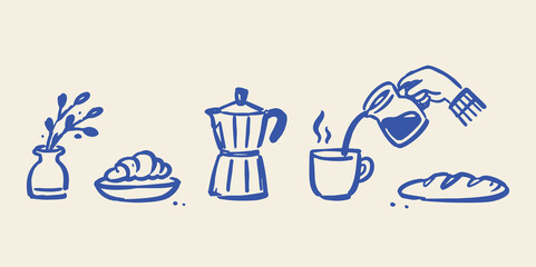 Obraz premium Moka Pot Coffee Breakfast Hand Drawn Vector Illustration