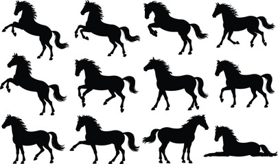 Fototapeta premium Black horse silhouettes collection dynamic poses for graphic design and equestrian art