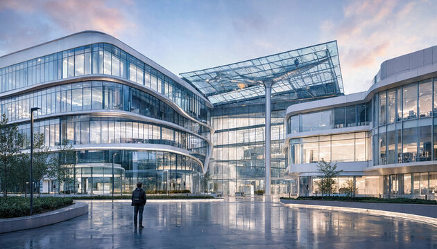 A lone person walking past a futuristic glass office building complex at dusk with evening lighting modern design glass wall public space architecture building exterior corporate