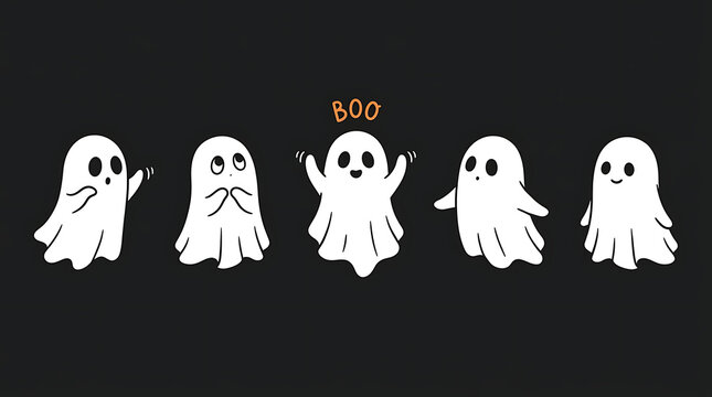 Cute set of five cartoon white ghosts with playful expressions and boo text