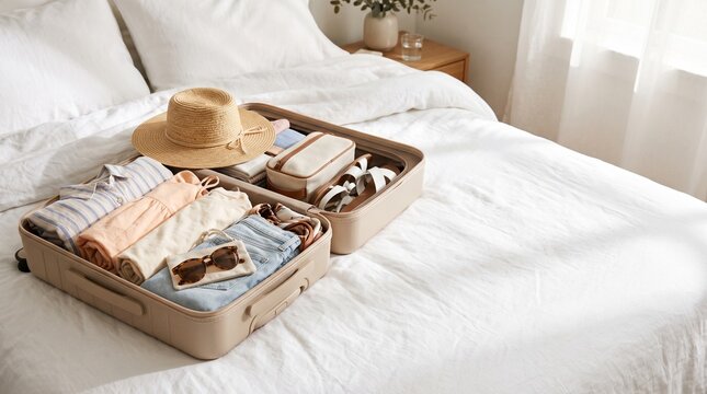 High angle view of open modern minimalist beige hardshell suitcase packed with summer clothes straw hat and sunglasses on clean white bed sheet with soft morning daylight shadows background layout