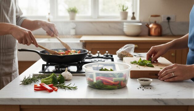 Friends preparing fresh broccoli and vegetables in sunlit kitchen