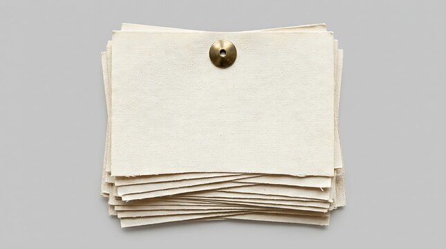 Stack of cream colored textured papers held together by a single round brass tack against neutral grey background.