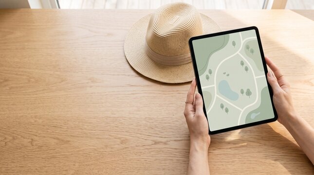 High angle clean view of hands holding modern touch screen tablet computer displaying abstract green nature park map with no text on light oak wood table straw hat nearby daylight reflections layout